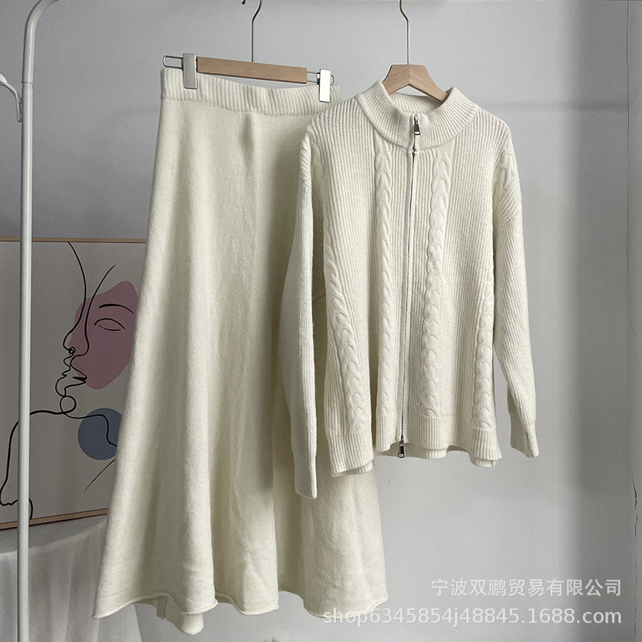 Hot sale loose knit suit women 2024 autumn and winter new zip cardigan jumper + fishtail skirt