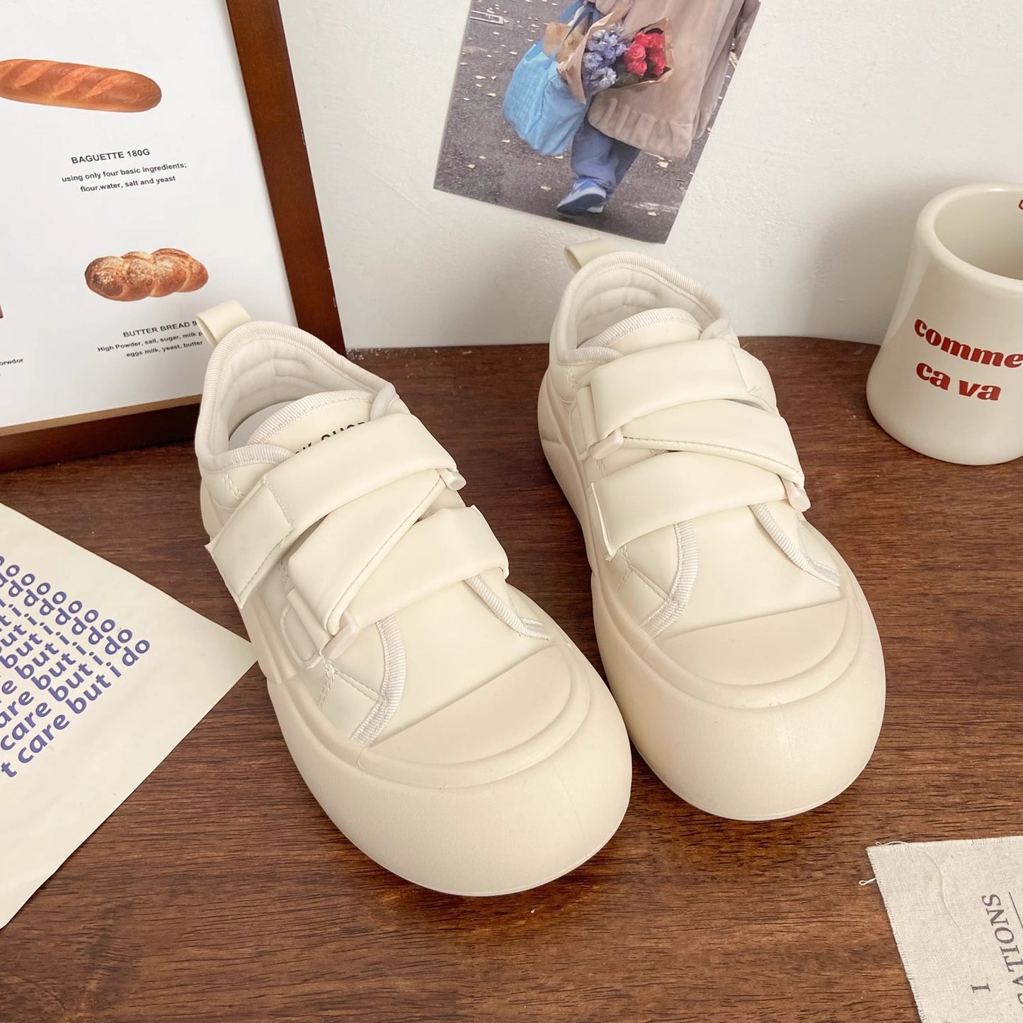 Cream velcro white shoes women