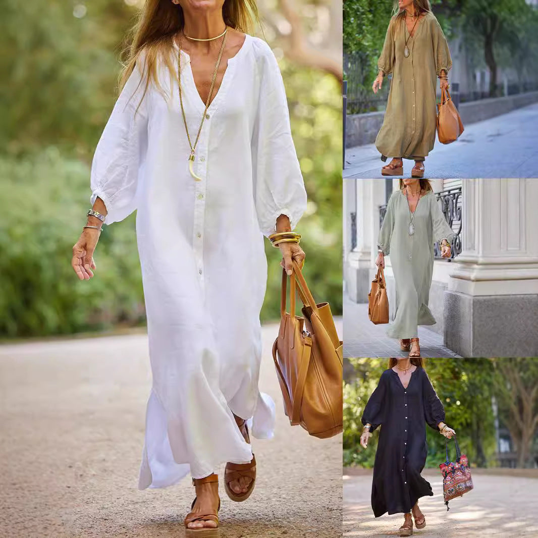 Cotton Linen Shirt Long Dress Fashion Casual Long Sleeve Cardigan Dresses