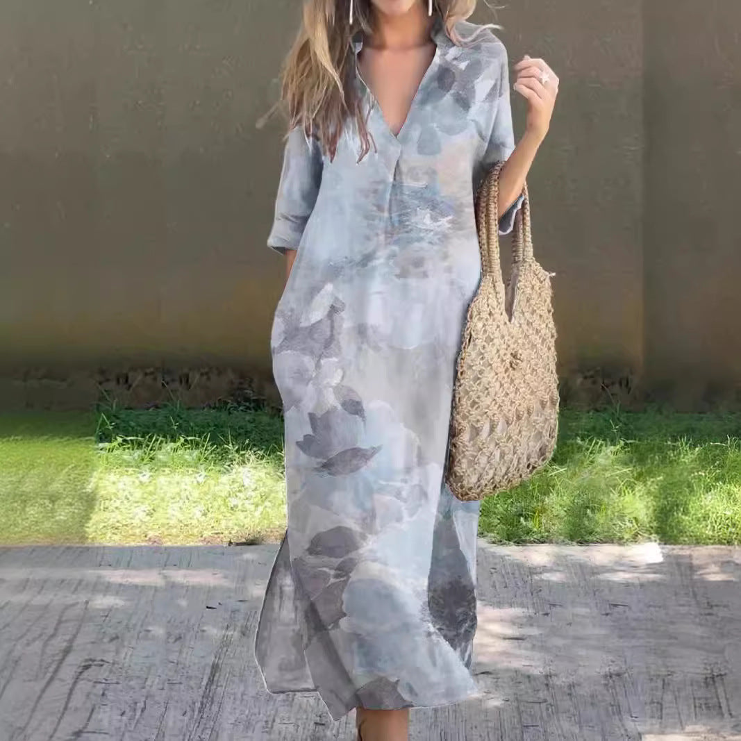 Casual Summer Loose Skirt Slit V Neck Printed Faux Hemp Dresses