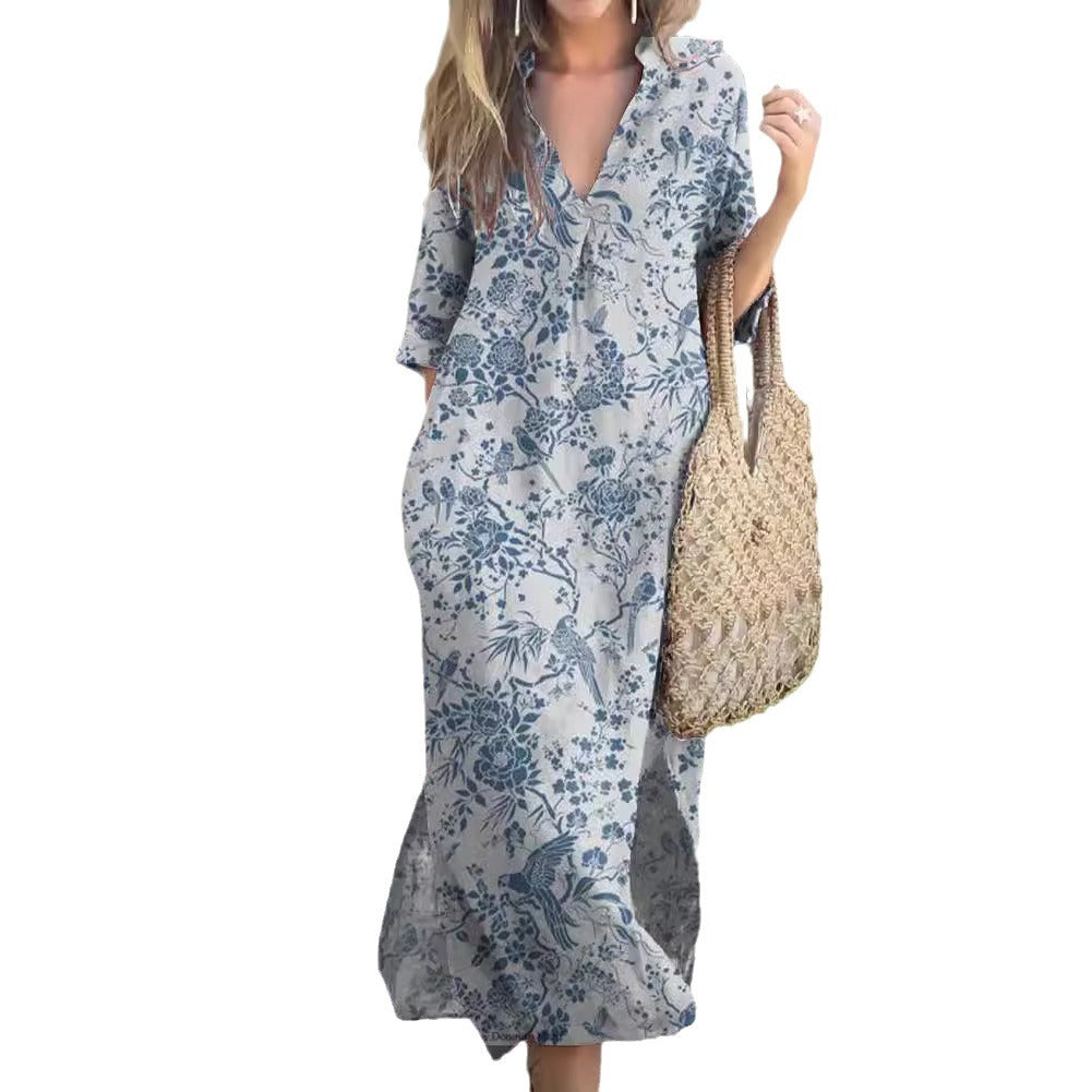 Casual Summer Loose Skirt Slit V Neck Printed Faux Hemp Dresses