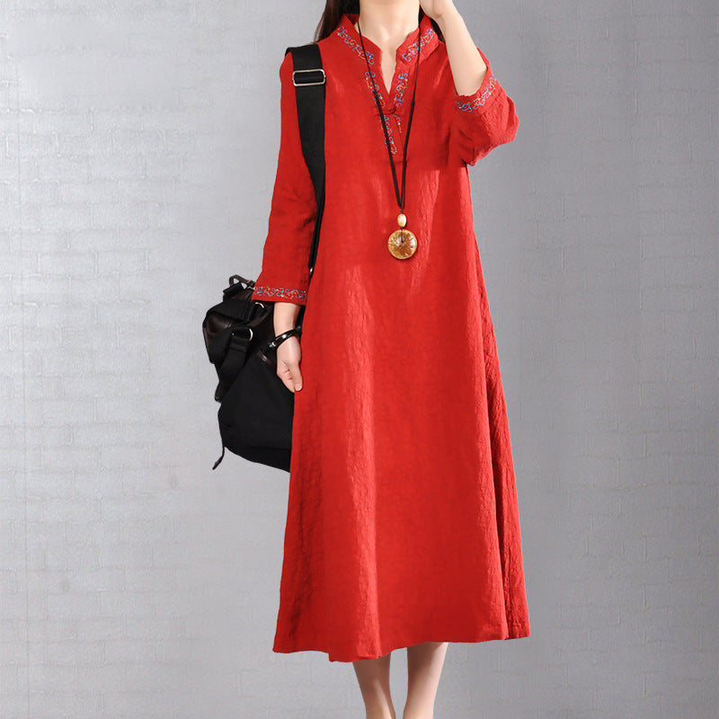 2025 Spring and Autumn new V-neck disc buckle linen embroidery robe cotton dress