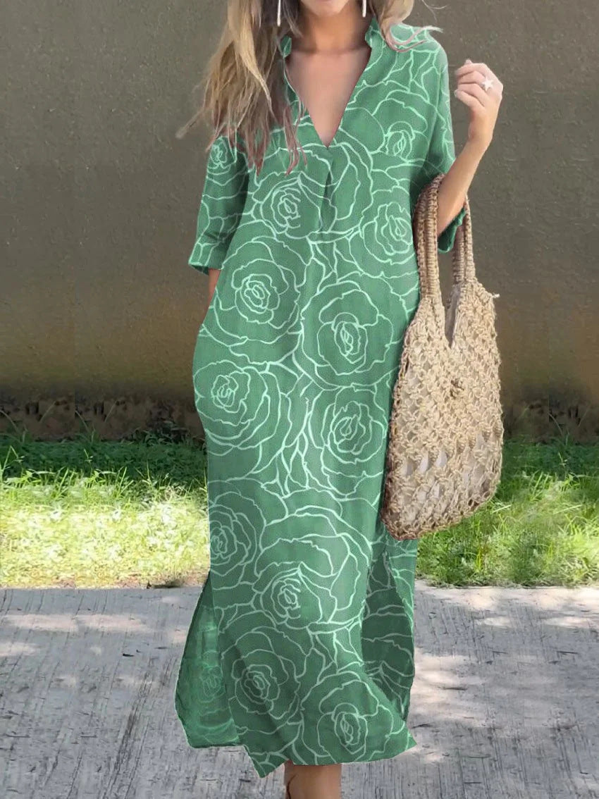 Casual Summer Loose Skirt Slit V Neck Printed Faux Hemp Dresses