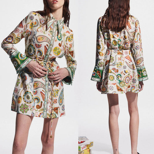 Lapel Tie Waist Positioning Printed Linen Resort Long Sleeve Dress