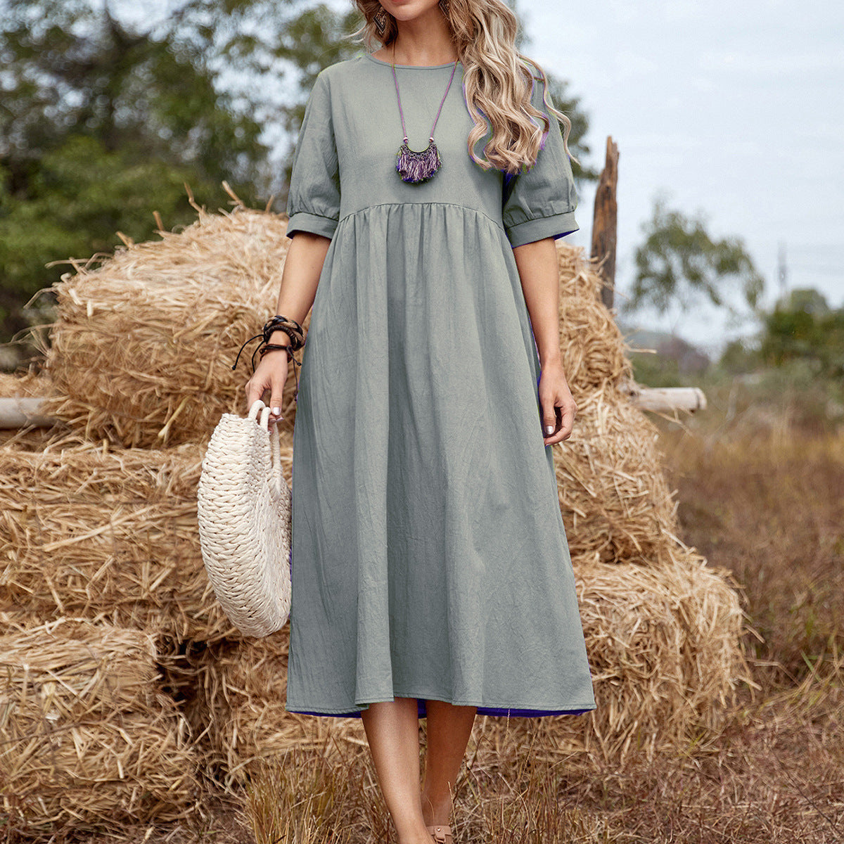 Solid Color Wide Elastic Waist Mid-Length Cotton and Linen Round Neck Dress Skinny