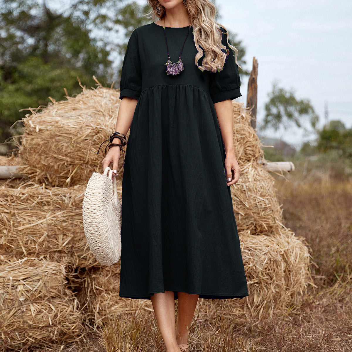 Solid Color Wide Elastic Waist Mid-Length Cotton and Linen Round Neck Dress Skinny