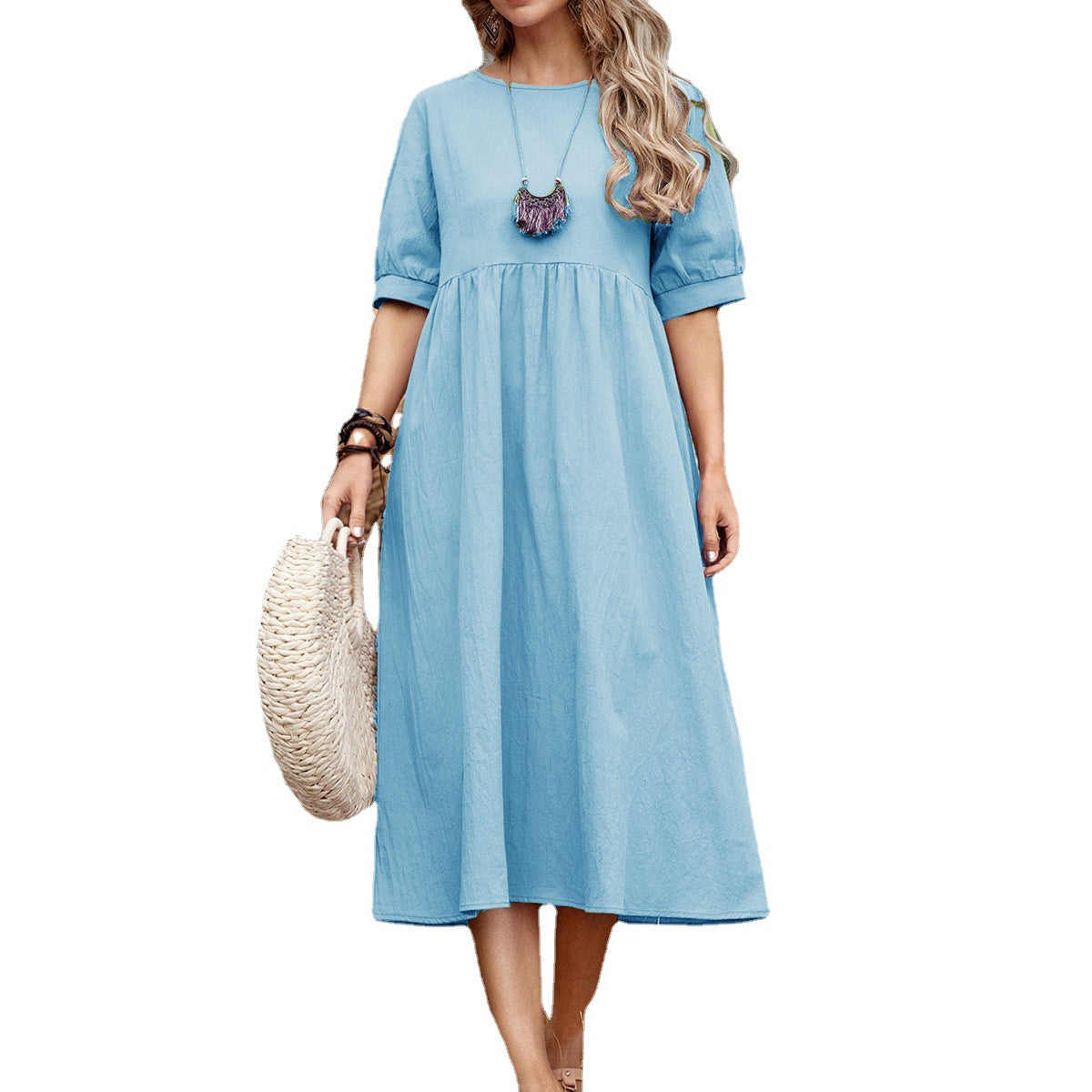 Solid Color Wide Elastic Waist Mid-Length Cotton and Linen Round Neck Dress Skinny