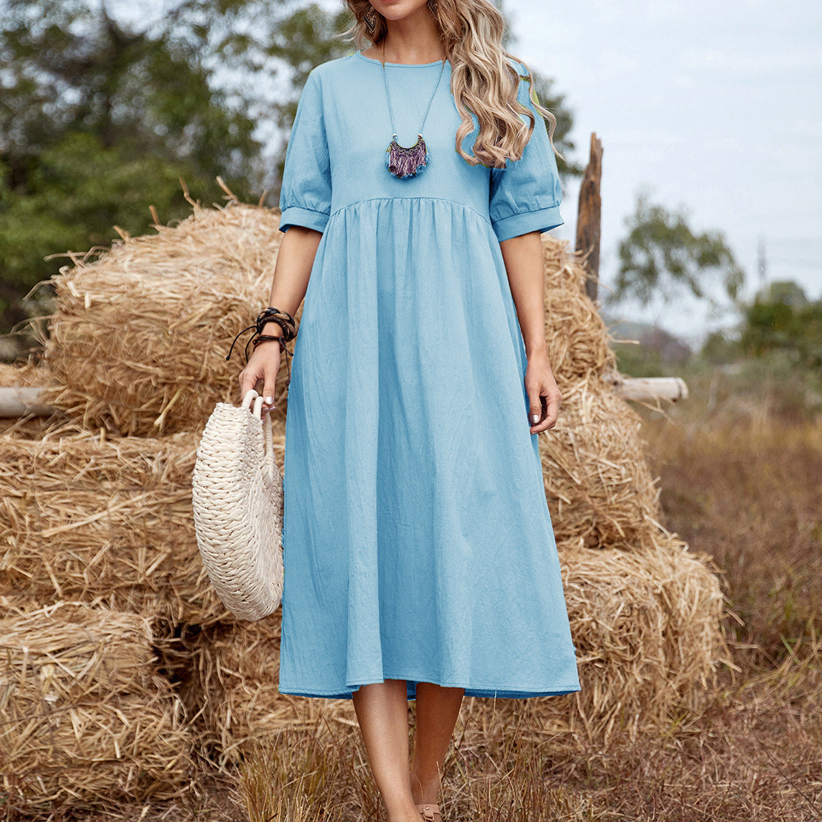 Solid Color Wide Elastic Waist Mid-Length Cotton and Linen Round Neck Dress Skinny