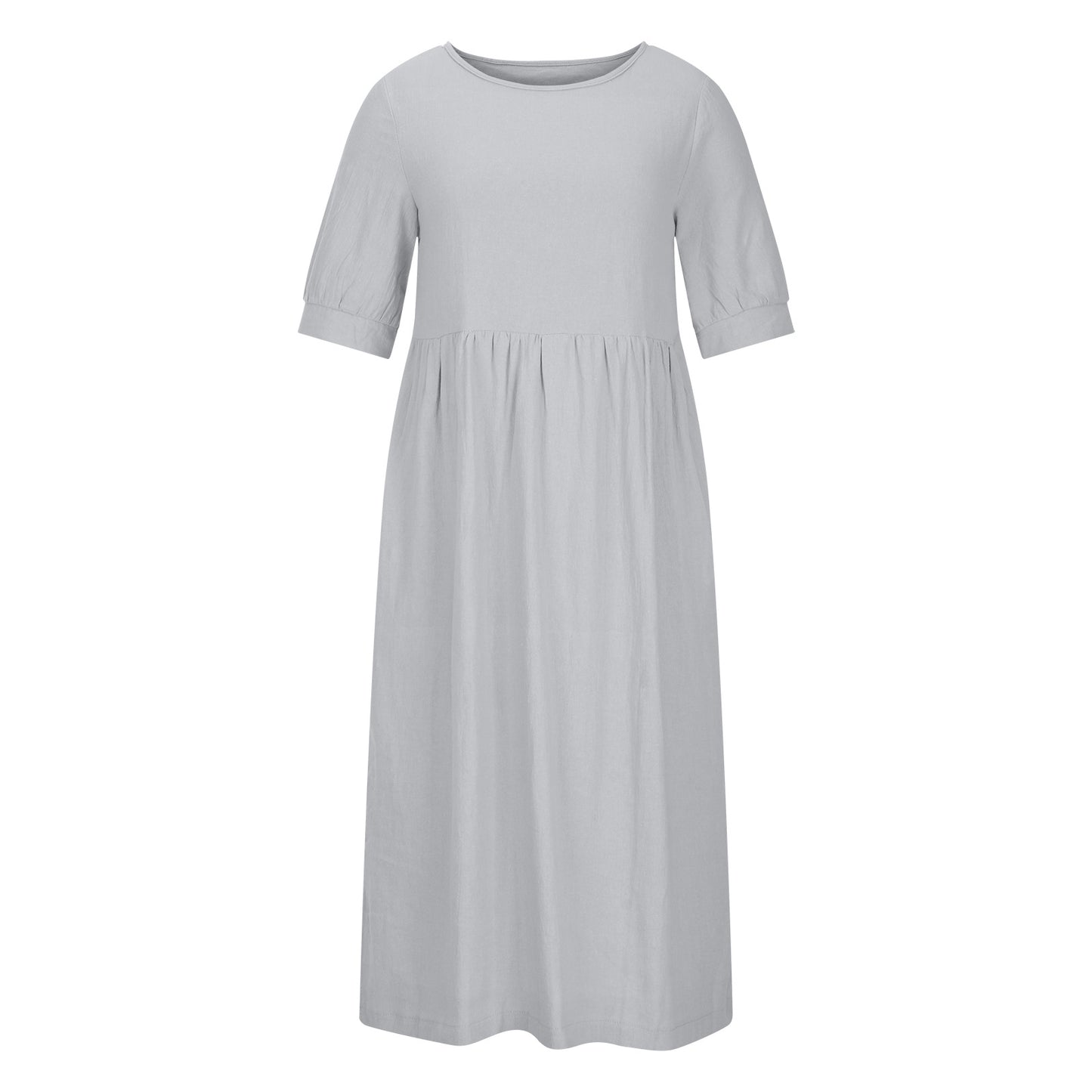 Solid Color Wide Elastic Waist Mid-Length Cotton and Linen Round Neck Dress Skinny