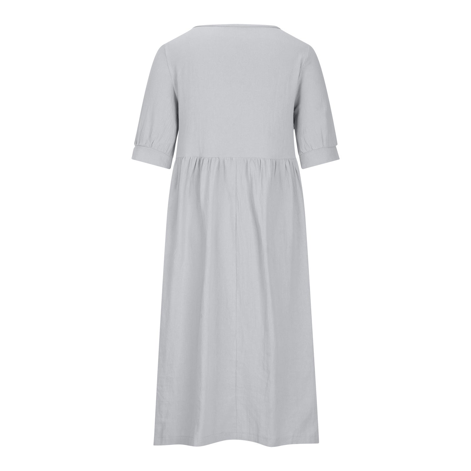 Solid Color Wide Elastic Waist Mid-Length Cotton and Linen Round Neck Dress Skinny