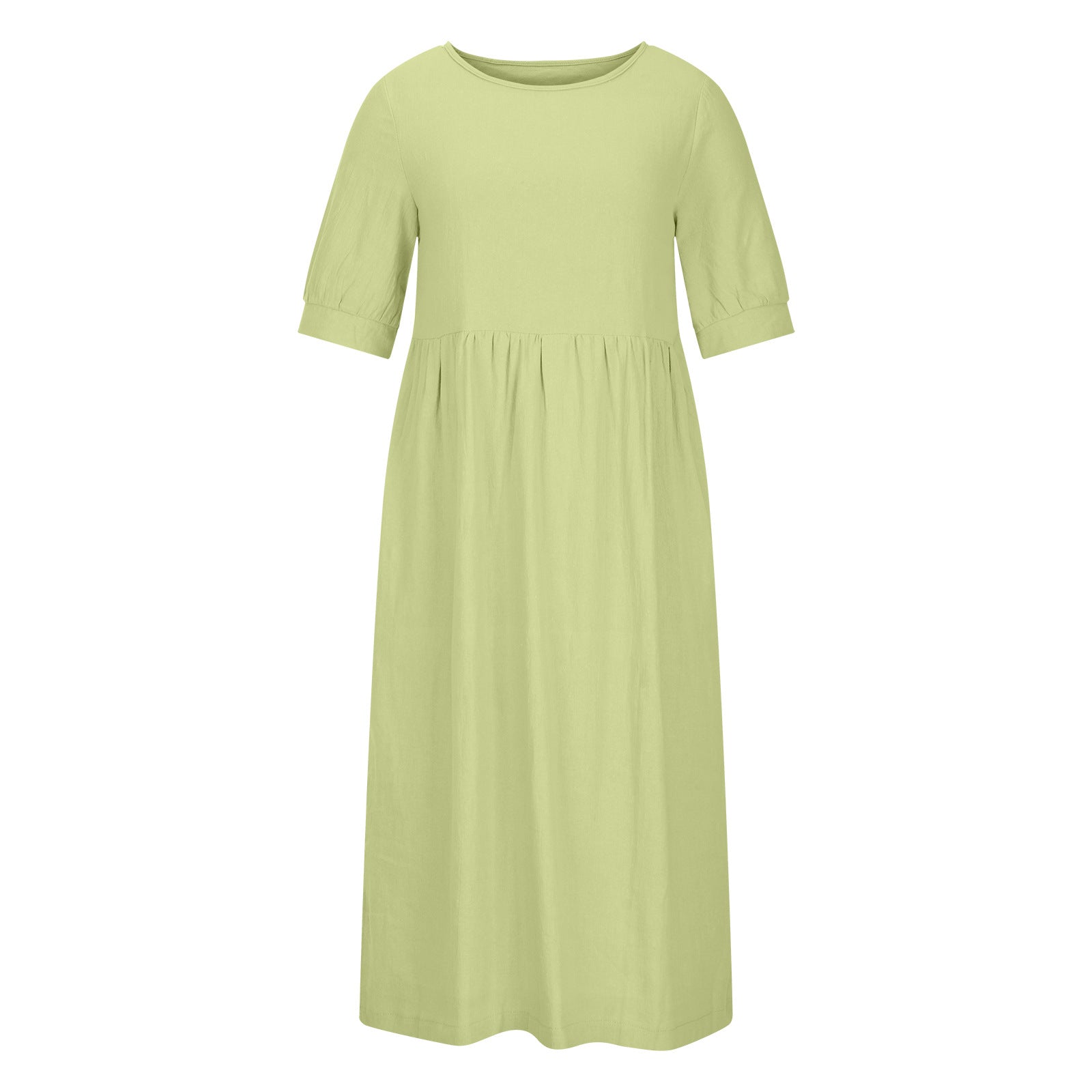 Solid Color Wide Elastic Waist Mid-Length Cotton and Linen Round Neck Dress Skinny
