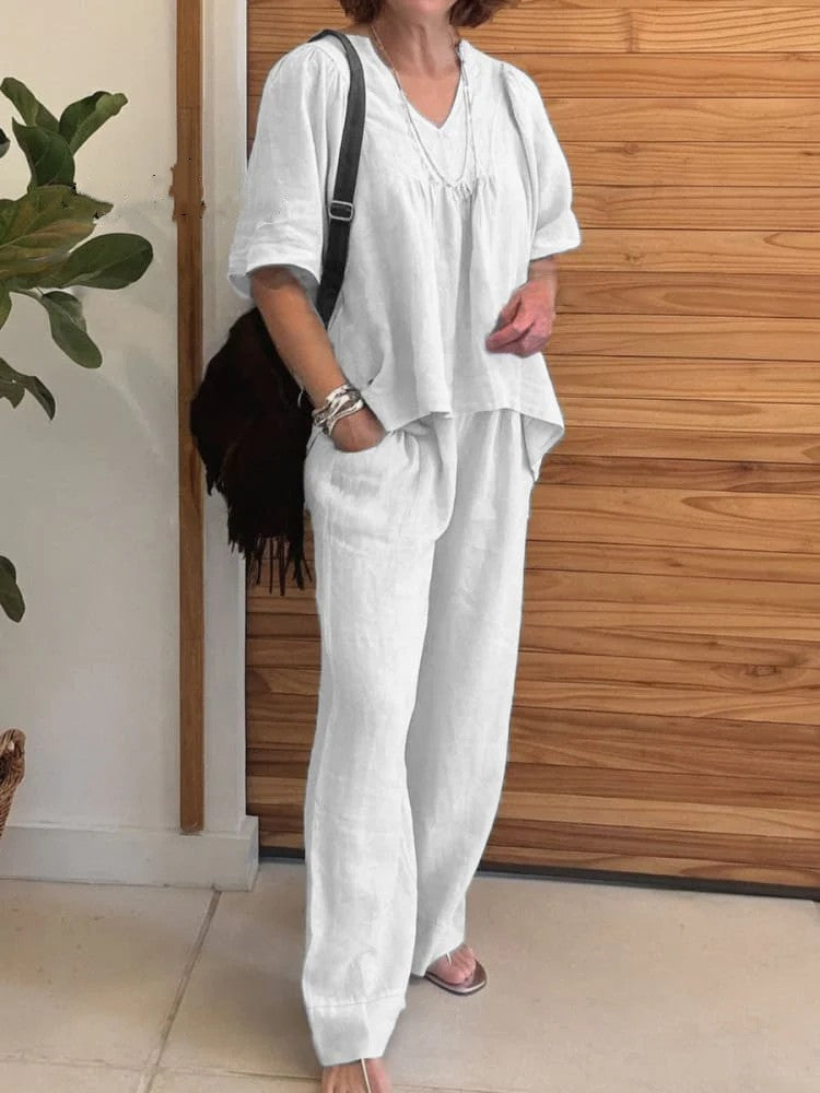 2025 summer new cotton and linen solid color V-neck casual short-sleeved top and pants two-piece suit