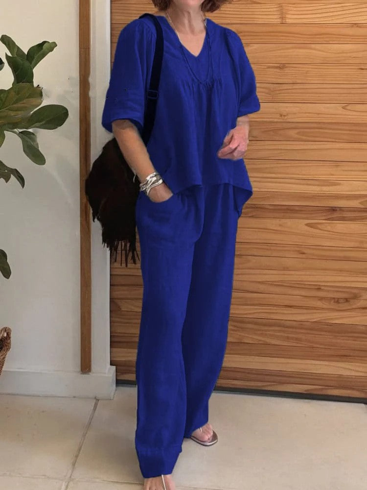 2025 summer new cotton and linen solid color V-neck casual short-sleeved top and pants two-piece suit