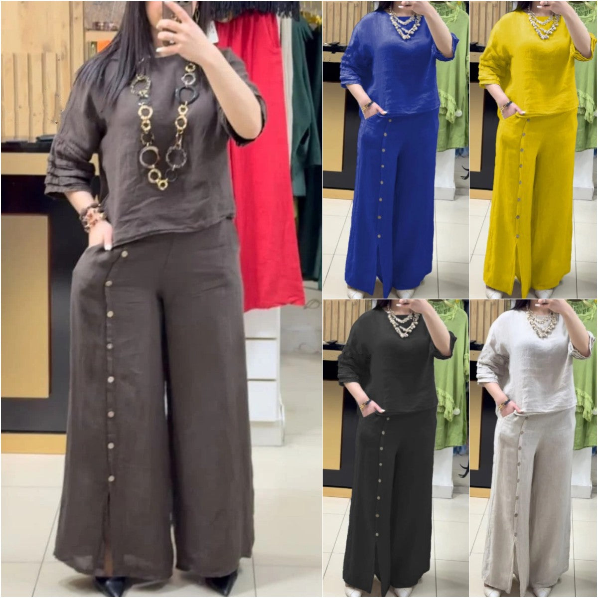 2025 Fashion Casual Loose Solid Color Cotton Linen Short Sleeve Shirt Long Pants Two Piece Suit