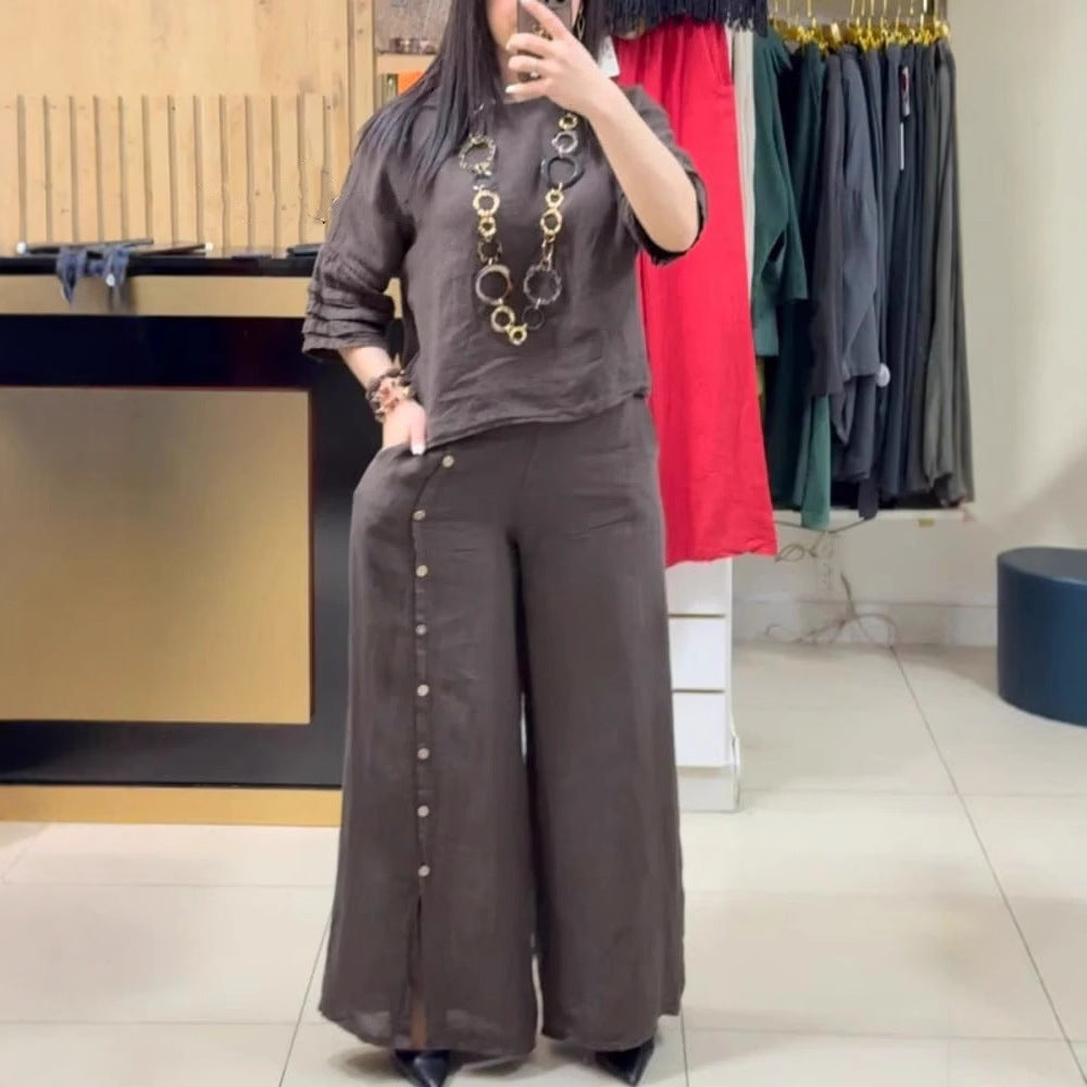 2025 Fashion Casual Loose Solid Color Cotton Linen Short Sleeve Shirt Long Pants Two Piece Suit