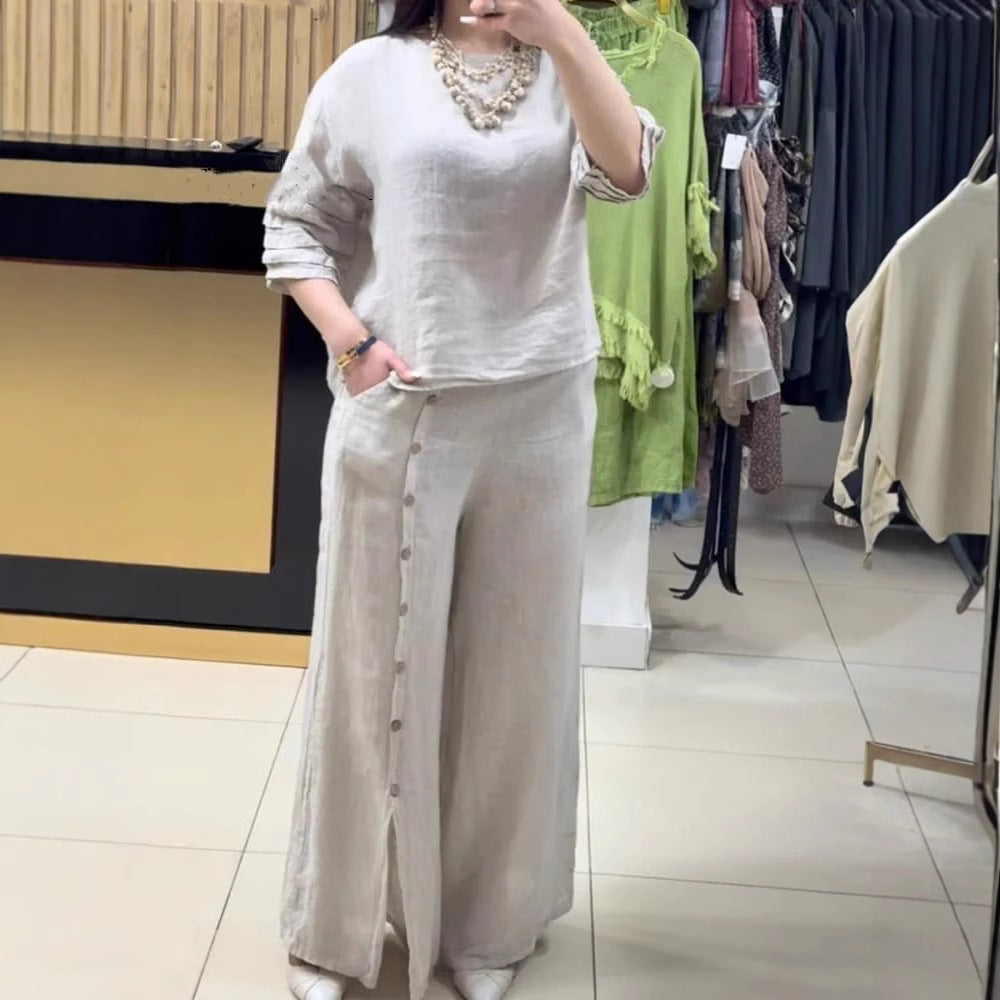 2025 Fashion Casual Loose Solid Color Cotton Linen Short Sleeve Shirt Long Pants Two Piece Suit