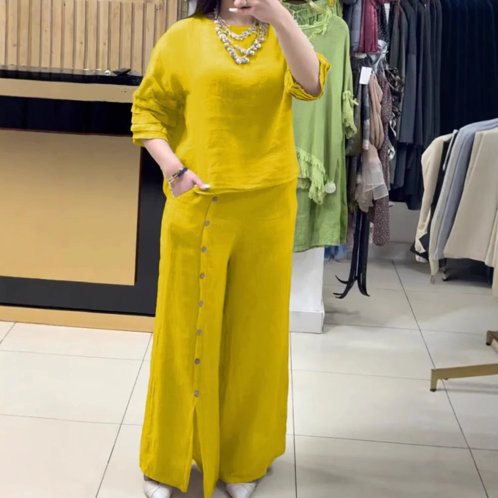 2025 Fashion Casual Loose Solid Color Cotton Linen Short Sleeve Shirt Long Pants Two Piece Suit