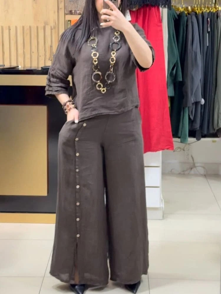 2025 Fashion Casual Loose Solid Color Cotton Linen Short Sleeve Shirt Long Pants Two Piece Suit