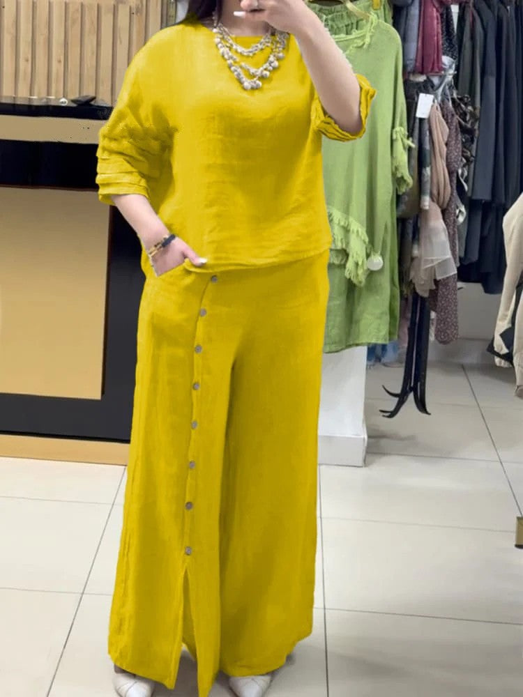 2025 Fashion Casual Loose Solid Color Cotton Linen Short Sleeve Shirt Long Pants Two Piece Suit