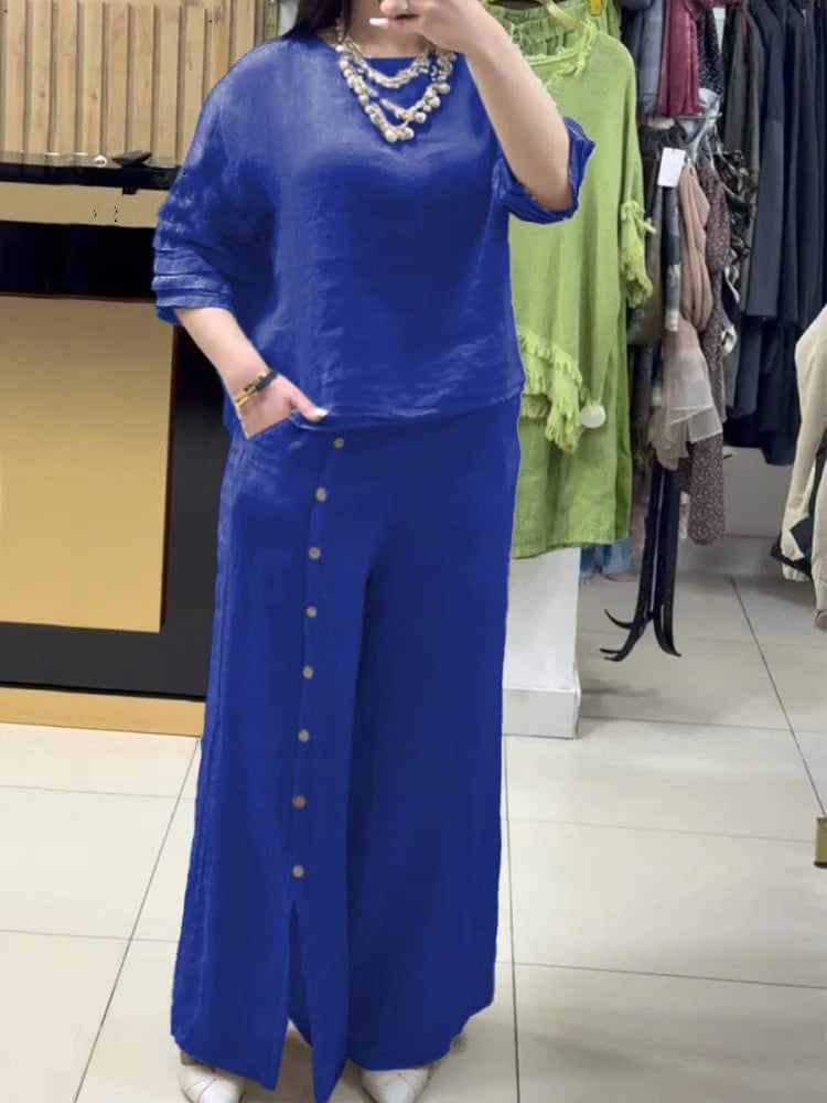 2025 Fashion Casual Loose Solid Color Cotton Linen Short Sleeve Shirt Long Pants Two Piece Suit