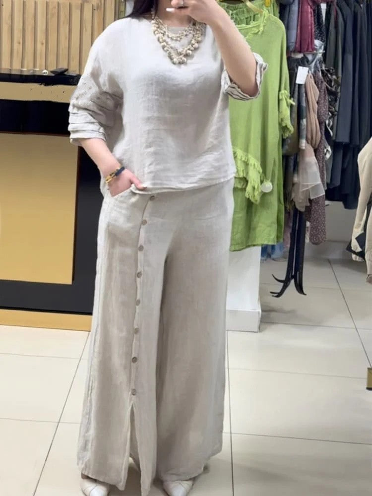 2025 Fashion Casual Loose Solid Color Cotton Linen Short Sleeve Shirt Long Pants Two Piece Suit