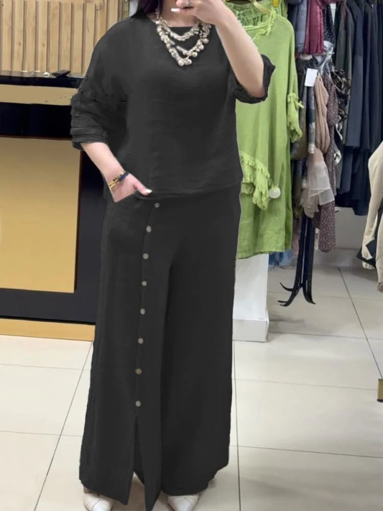 2025 Fashion Casual Loose Solid Color Cotton Linen Short Sleeve Shirt Long Pants Two Piece Suit