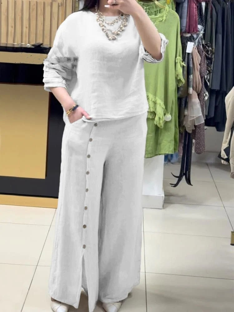 2025 Fashion Casual Loose Solid Color Cotton Linen Short Sleeve Shirt Long Pants Two Piece Suit