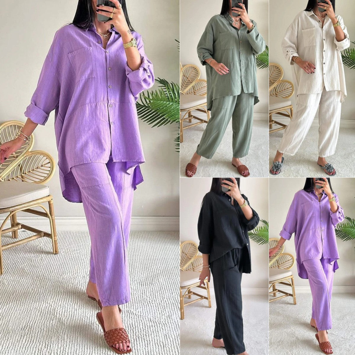 2025 new 2 pieces set of large size cotton linen shirt suit high waist loose trousers