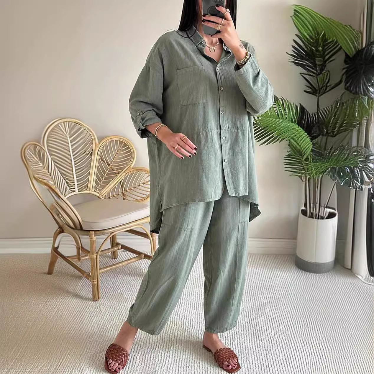 2025 new 2 pieces set of large size cotton linen shirt suit high waist loose trousers