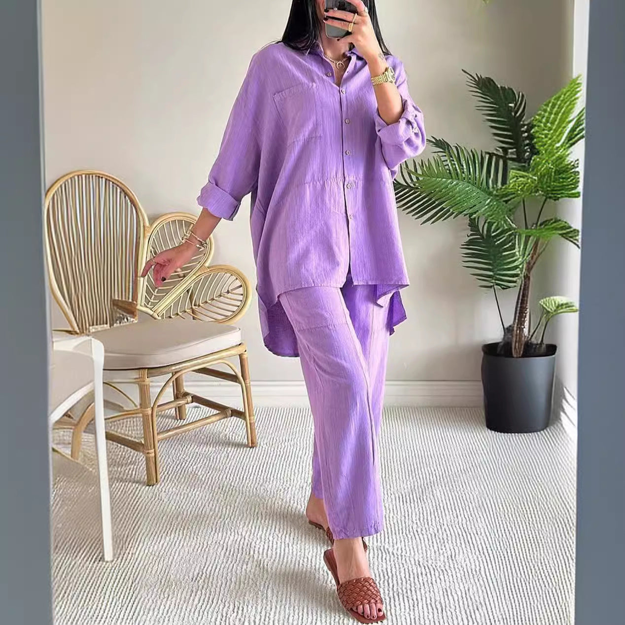 2025 new 2 pieces set of large size cotton linen shirt suit high waist loose trousers