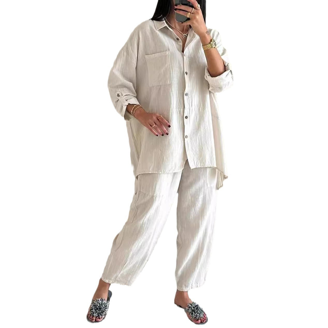 2025 new 2 pieces set of large size cotton linen shirt suit high waist loose trousers