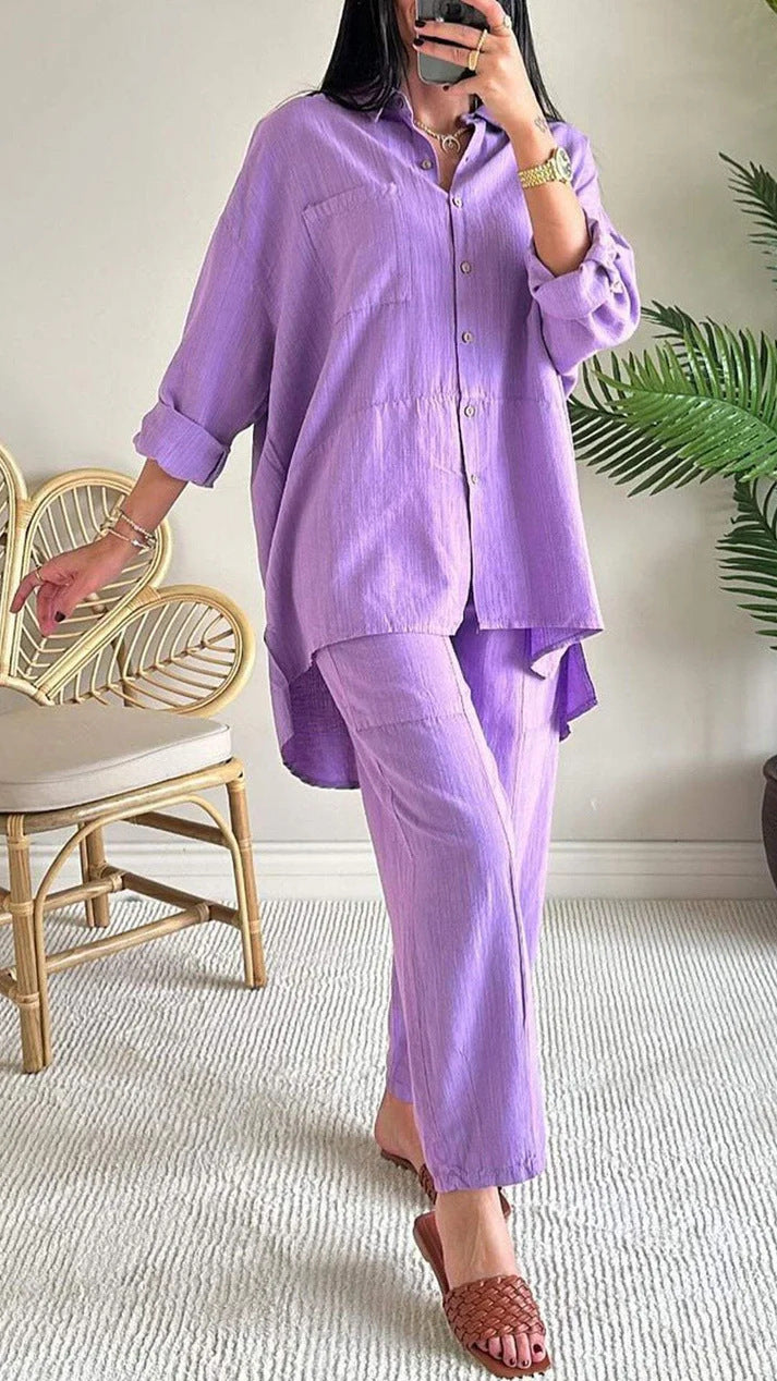 2025 new 2 pieces set of large size cotton linen shirt suit high waist loose trousers