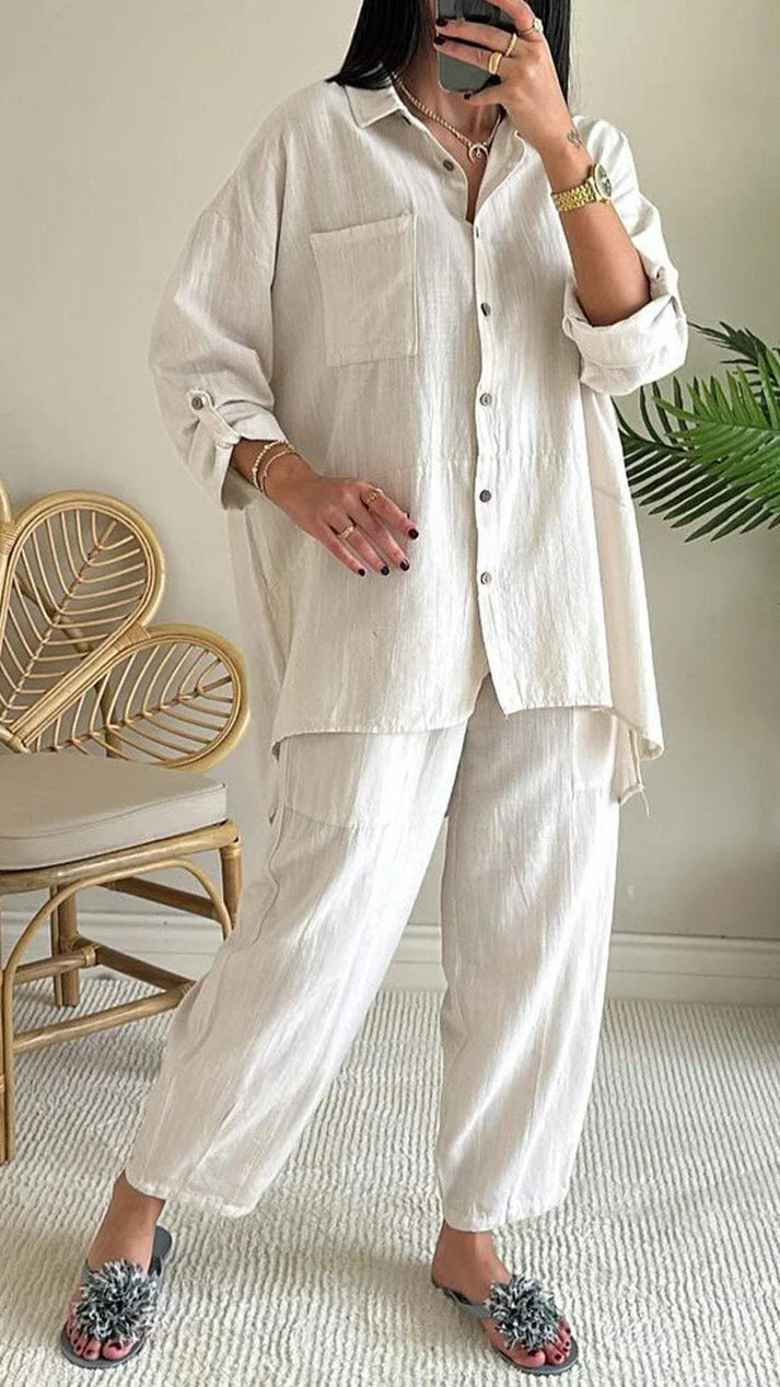 2025 new 2 pieces set of large size cotton linen shirt suit high waist loose trousers