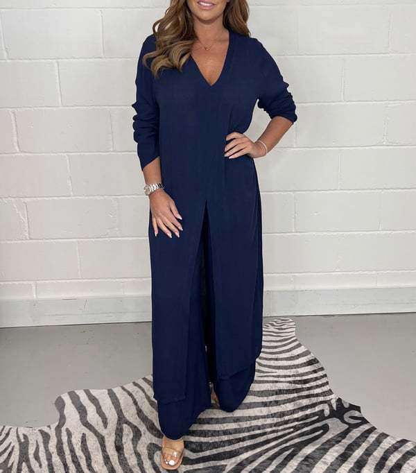 Spring and Summer Women's V-Neck Long Sleeve Split Top Pants Two Piece Suit