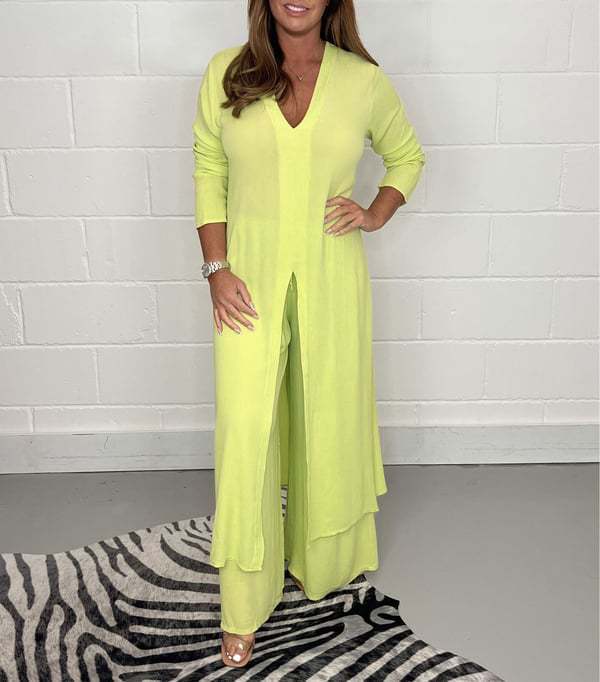 Spring and Summer Women's V-Neck Long Sleeve Split Top Pants Two Piece Suit