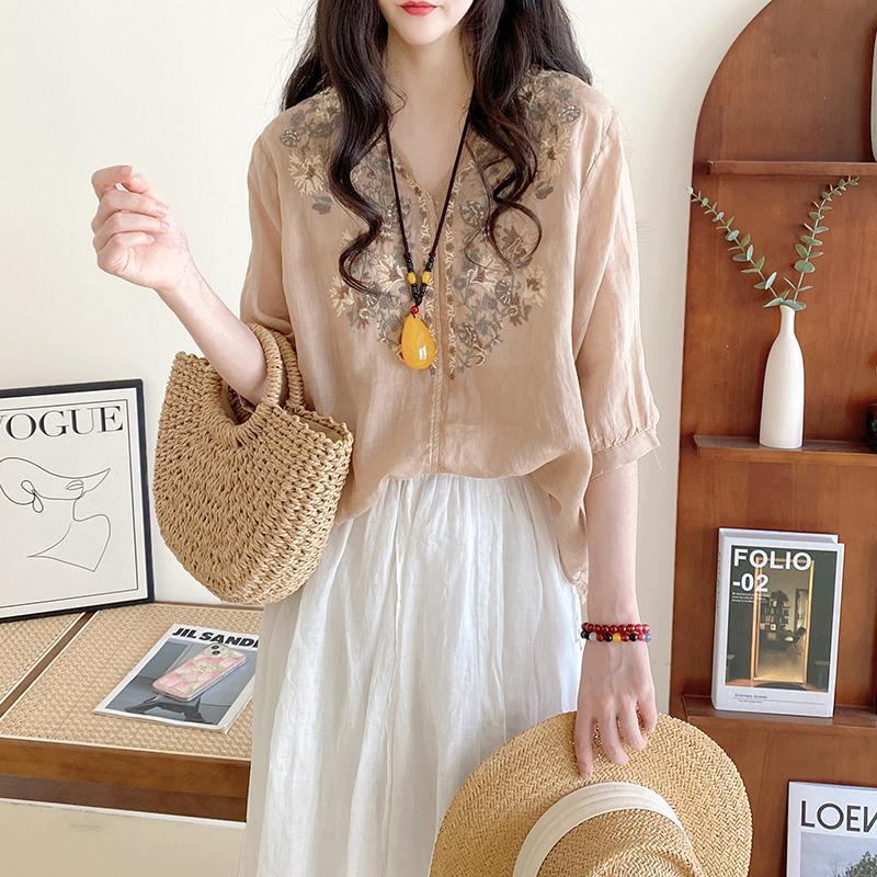 Tencel Cotton Shirt Women Literary Loose v-Neck Pullover Embroidery Medium Sleeve Tops