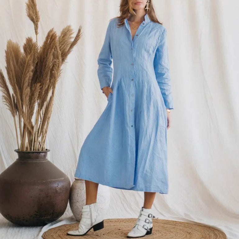 Cotton Linen Long Irregular Dress Shirt Neck Twisted Button Casual Long Dresses