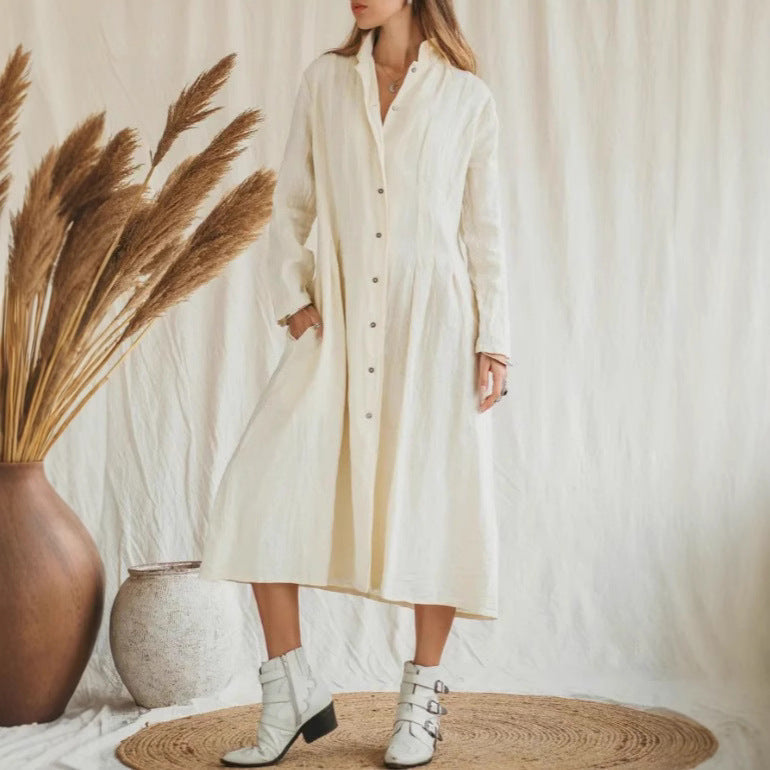 Cotton Linen Long Irregular Dress Shirt Neck Twisted Button Casual Long Dresses