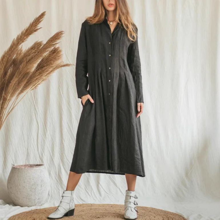 Cotton Linen Long Irregular Dress Shirt Neck Twisted Button Casual Long Dresses