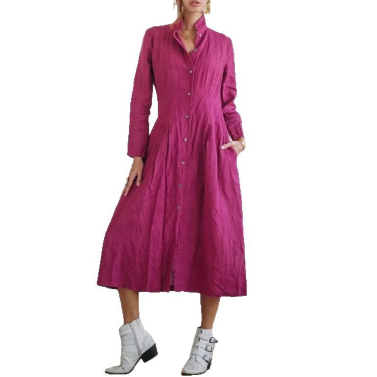 Cotton Linen Long Irregular Dress Shirt Neck Twisted Button Casual Long Dresses