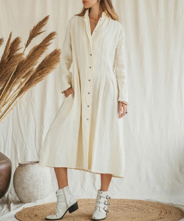 Cotton Linen Long Irregular Dress Shirt Neck Twisted Button Casual Long Dresses