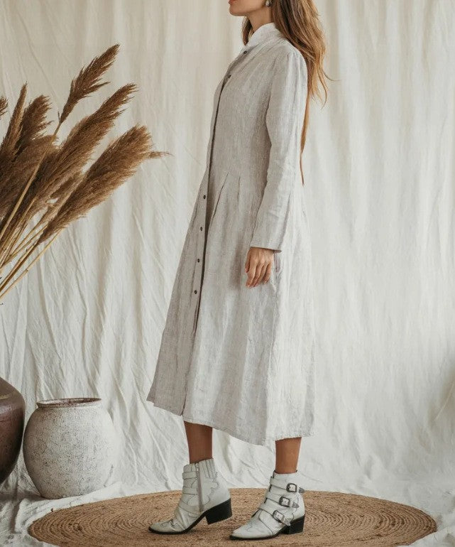 Cotton Linen Long Irregular Dress Shirt Neck Twisted Button Casual Long Dresses