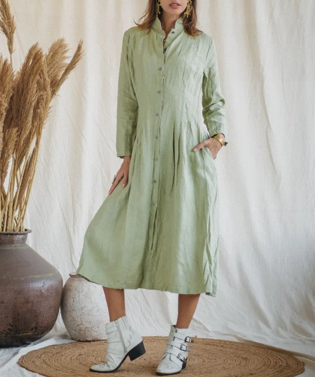 Cotton Linen Long Irregular Dress Shirt Neck Twisted Button Casual Long Dresses