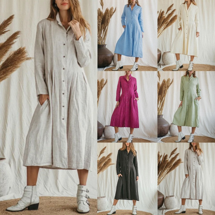 Cotton Linen Long Irregular Dress Shirt Neck Twisted Button Casual Long Dresses