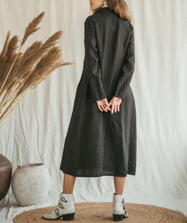 Cotton Linen Long Irregular Dress Shirt Neck Twisted Button Casual Long Dresses