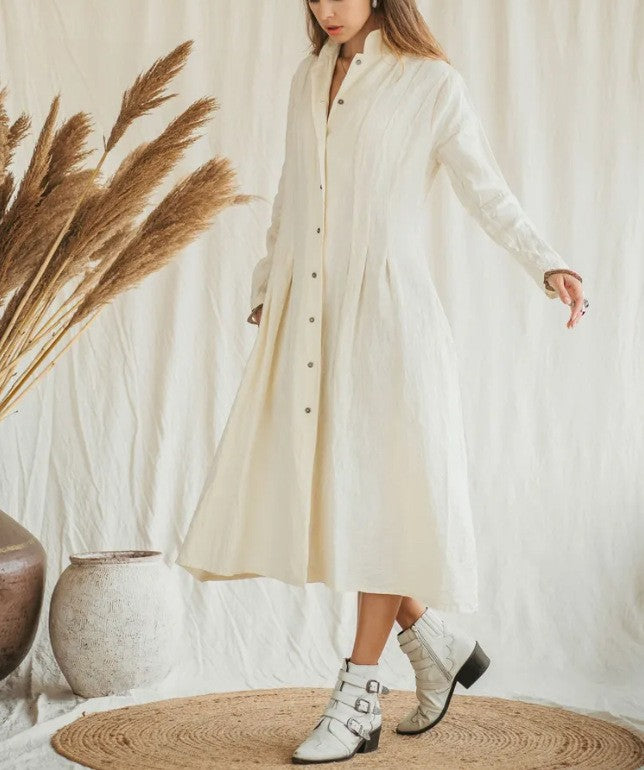 Cotton Linen Long Irregular Dress Shirt Neck Twisted Button Casual Long Dresses