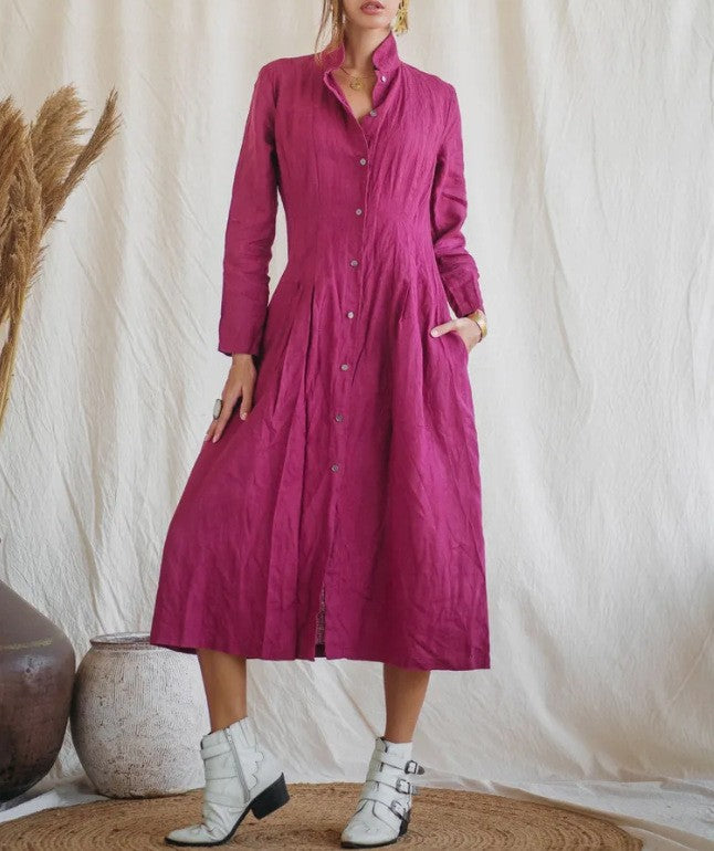 Cotton Linen Long Irregular Dress Shirt Neck Twisted Button Casual Long Dresses