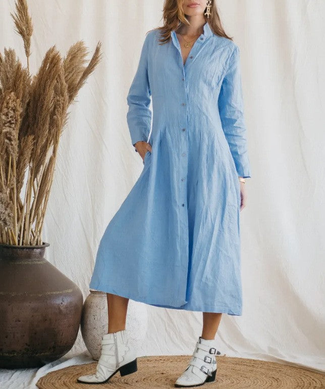 Cotton Linen Long Irregular Dress Shirt Neck Twisted Button Casual Long Dresses