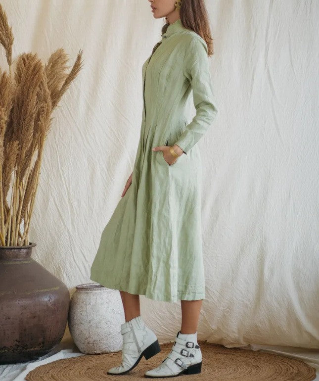 Cotton Linen Long Irregular Dress Shirt Neck Twisted Button Casual Long Dresses