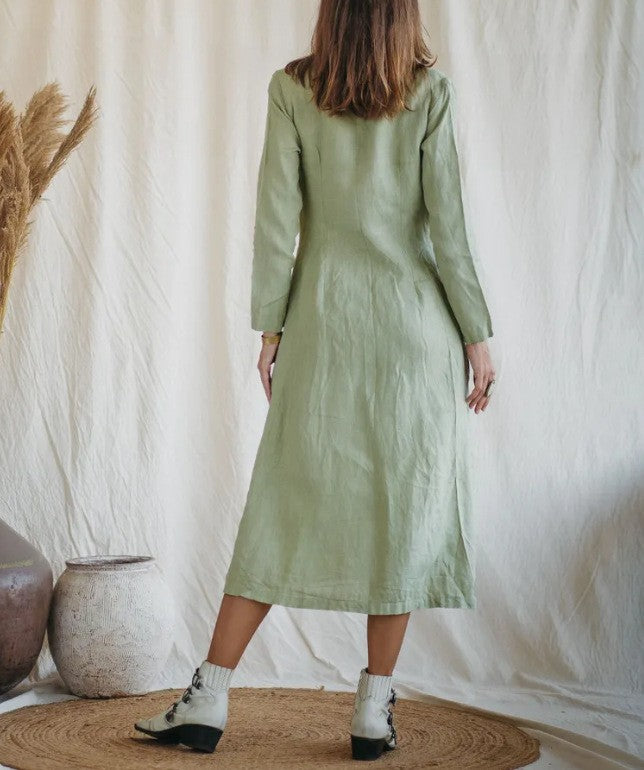 Cotton Linen Long Irregular Dress Shirt Neck Twisted Button Casual Long Dresses